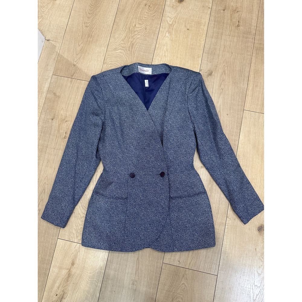 Tahari Vintage 100% Silk Blazer Blue White Micro Pattern Double Breasted Size 6